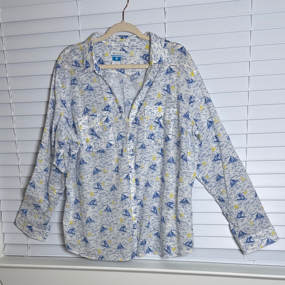 Columbia White and Blue Sailboat Women's Button-Down Shirt